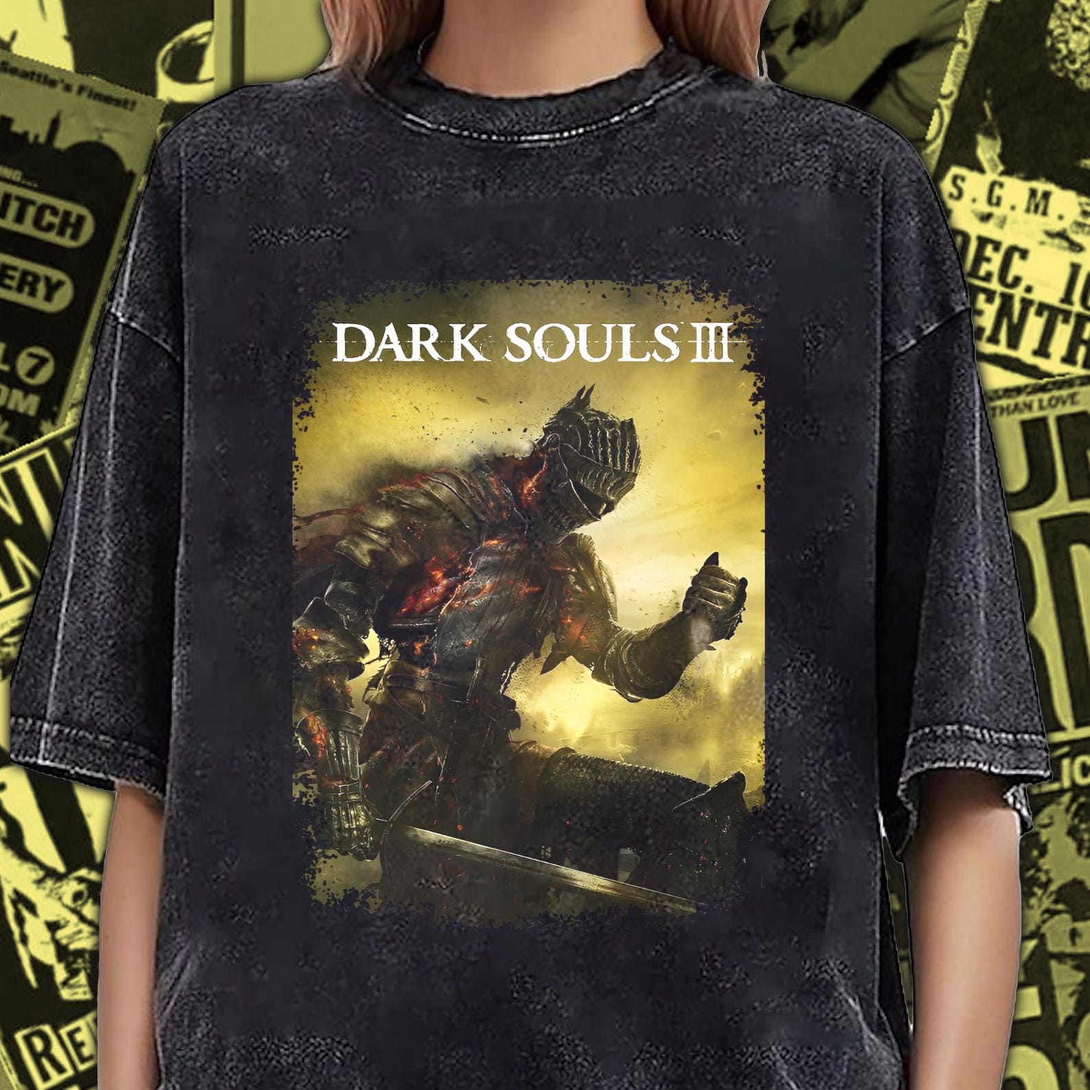 Vintage Washed Dark Souls 3 T-Shirt: Soul of Cinder DS003 3XL