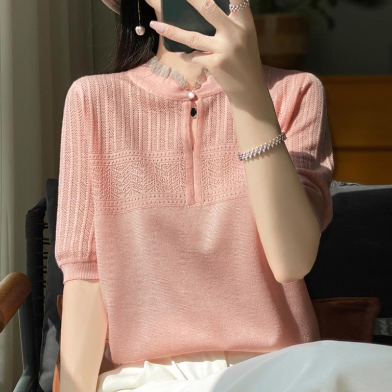 Pull en Laine Tricoté Creux Manches Courtes Style Été Femme Col Polyvalent Haut T-shirt