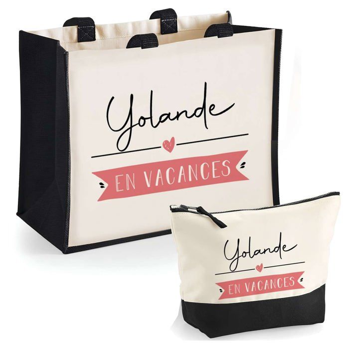 Tote bag - PLANETEE - Yolande en Vacances - Jute & coton - Personnalisé (Prénom) - Coffret sac + trousse