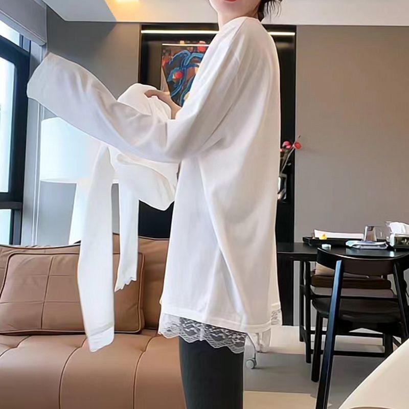 White splicing lace medium and long-sleeved t-shirt 2025 spring and autumn new loose inner bottoming shirt top