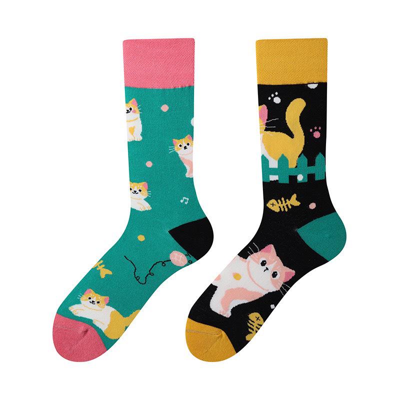 Unisex A/B Style Asymmetrical Cartoon Mid-Calf Cotton Socks