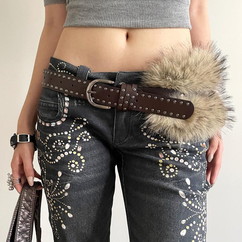 1pcs PU Studded Leather Fur Belt Faux Fur Spicy Girl Style Furry Waistband Korean Style Jeans Decor Y2K Waistband