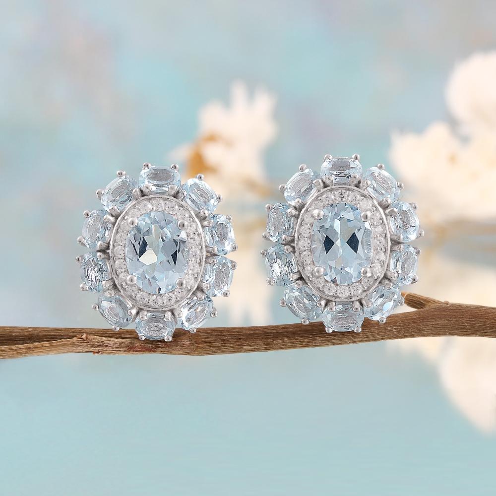 2026,Flower Design Earrings Natural November Birthstone Sky Blue Topaz 925 Sterling Silver Fine Jewelry for Women's Banquet Gift
