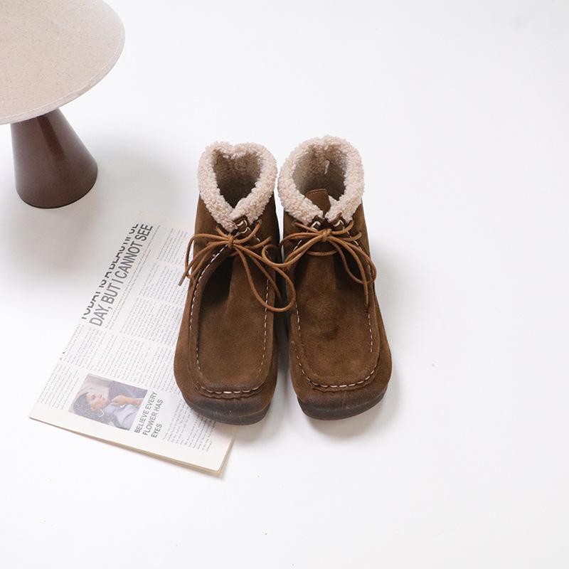 

Johnature Плюшевые Теплые Ботильоны на Шнуровке Ретро Квадратный Носок Коровья Замша Мягкая Подошва Женские Хлопковые Туфли 40