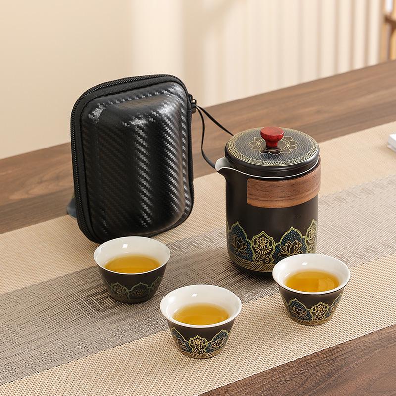 Ancient Charm Ceramic Travel Tea Set: Quick-Brew Pot with Three Cups for Outdoor Use - Customizable Logo Gift
