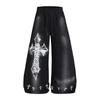 Mens Loose Wide-Leg Sweatpants Streetwear Cross Print Casual Trousers