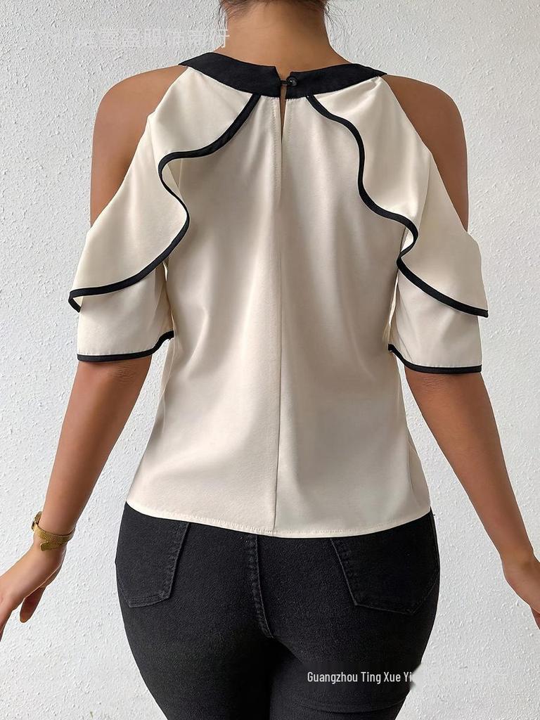 European & American Style Women's Double-layer Short-sleeved Bow Tie Collar Pullover Shirt