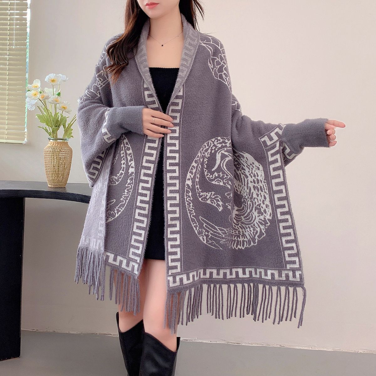 

Теплая жаккардовая вязаная шаль женская норковая бархатная бахрома чонсам накидка рукава шаль высокого класса для улицы Above 175cm серый
