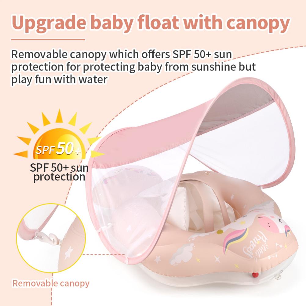 Baby Swimming Float Cartoon Pony Inflatable Baby Pool Float Ring with Removable Sun Protection Canopy Strap for Infant