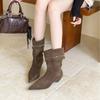 French Pointed Rivet Suede Medium Tube Stacking Boots Women's 2025 Autumn and Winter Wood Grain Cone and Rhinestone Two Wear Medium Tube Boots