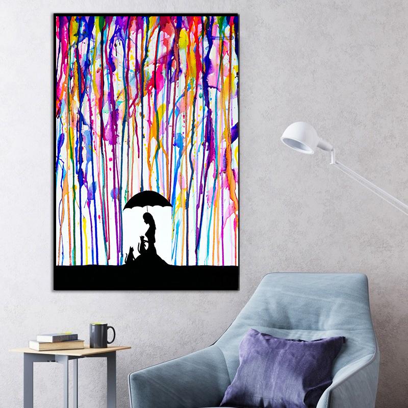 Abstrakter Liebhaber mit Regenschirm unter buntem Regen, Ölgemälde auf Leinwand, Poster und Drucke, Wandkunst für Wohnzimmer, Heimdekoration