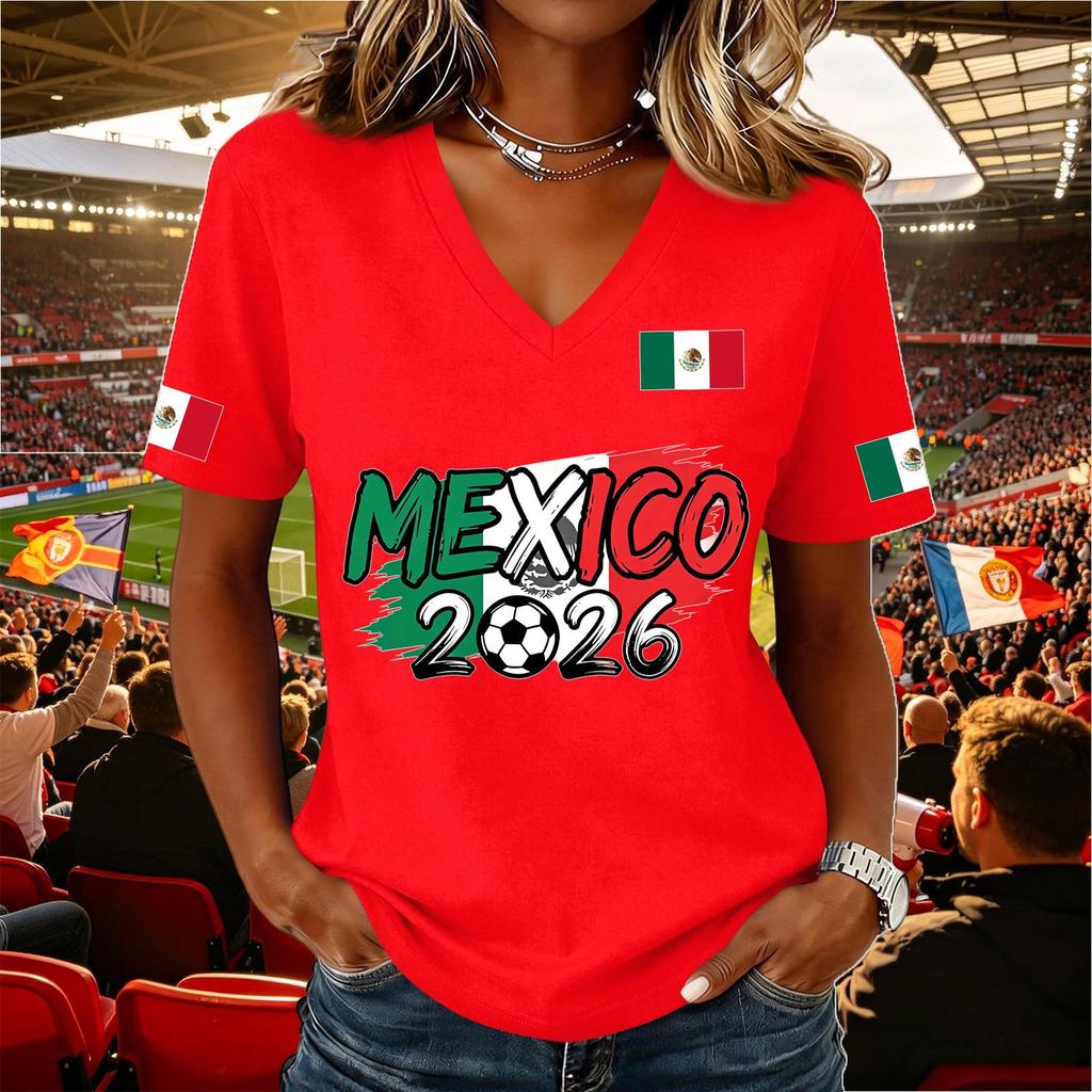 Women's Casual V Neck Pullover Short Sleeve Top Soccer National Flag Print Support Shirt Mexico 2026 Design Lightweight Comfortable Fit