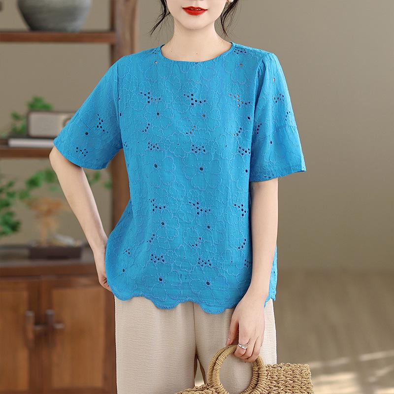 

Blue Embroidered Hollow Short-Sleeve Top - Plus Size Slim Fit, Flattering Summer 2026 Women s Clothing XL синий