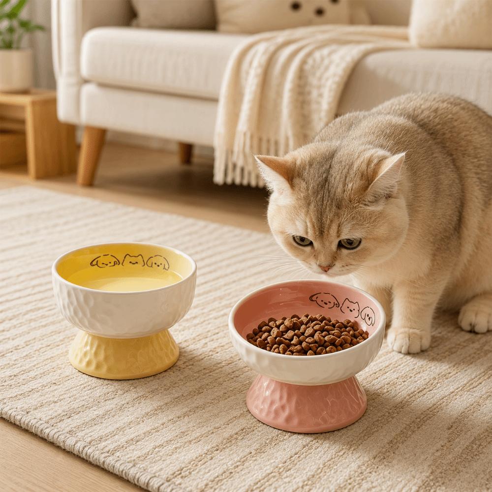 Ceramic Elevated Cat Bowl Cute Anti Slip Pet Food Water Bowl Neck Protection Stable Raised Pet Feeder Dog Accessories