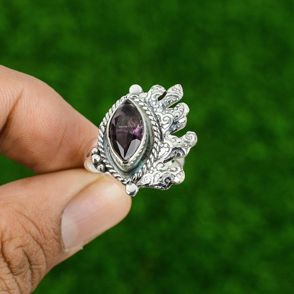 Gift For Her Natural African Amethyst Multi Stone Adjustable Ring 925 Silver