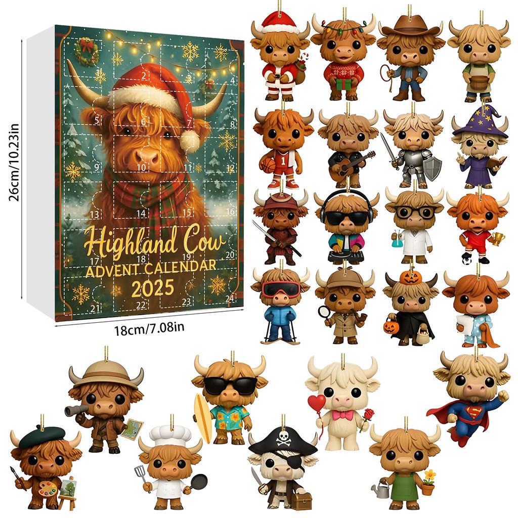 

Cow Style Highland Christmas Countdown Calendar Blind Box Acrylic Pendant Decor