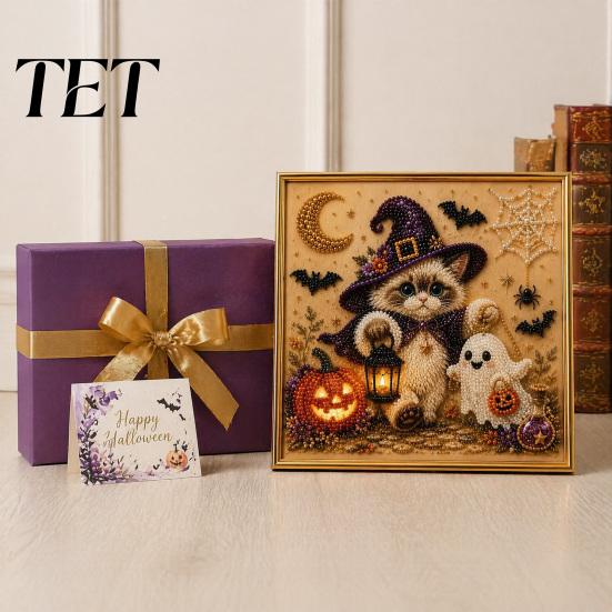 Family Fun Handcrafts Halloween Cat Faux Pearl Painting Art Kit, Spooky 3D Beads Creative Gift Crafts, Cute Witch Gem Wall for Adults, Craft