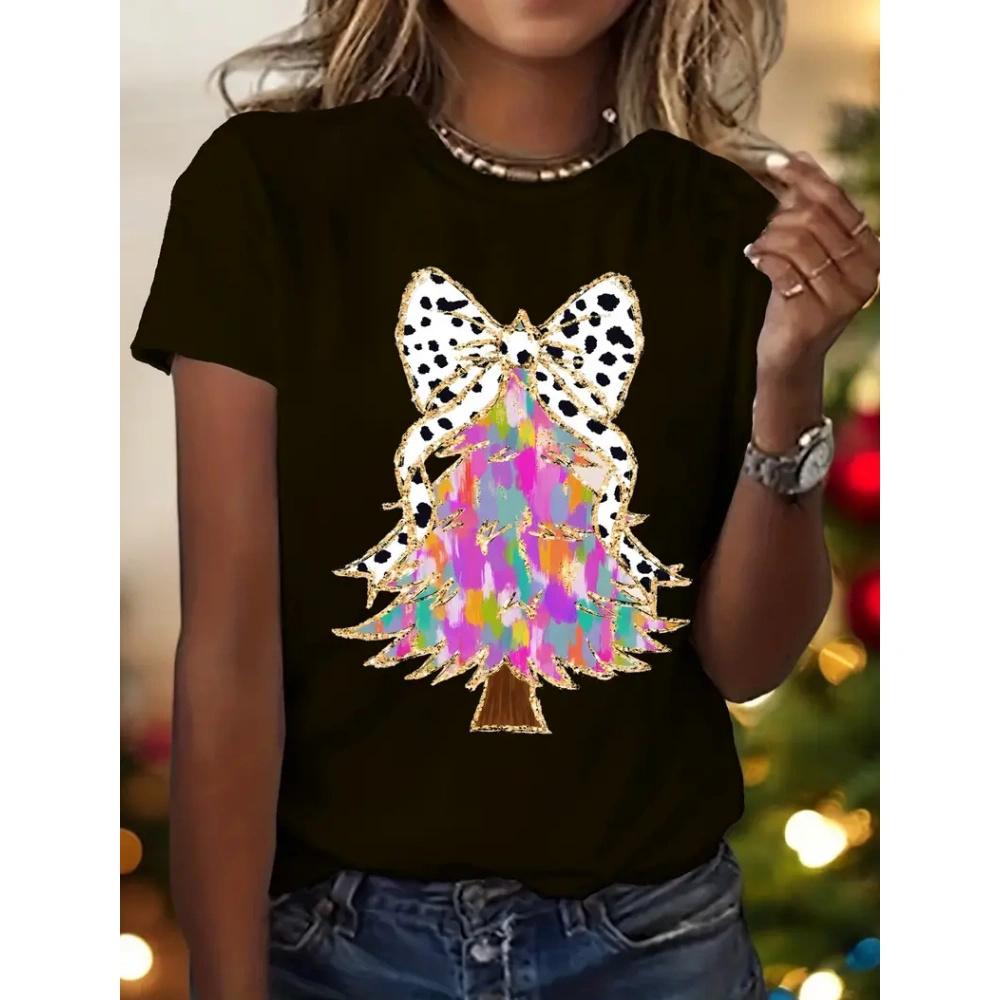 Christmas Tree Printed Women's T-shirt Summer Round Neck Christmas Party Fashion Short Sleeve 3D Bow Red/Green