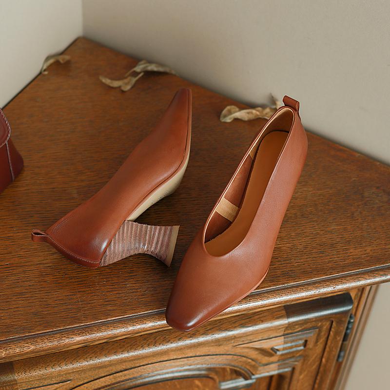 Fashion High Quality Genuine Leather Women Pumps Thick Heels Square Toe Basic Office Ladies Casual Shoes Woman 2025 Spring Summer New