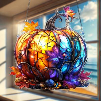 Décoration de fenêtre suspendue plate en acrylique 2D, attrape-rêves acrylique d'automne avec des feuilles et des branches d'automne colorées pour les maisons de Thanksgiving et d'Halloween