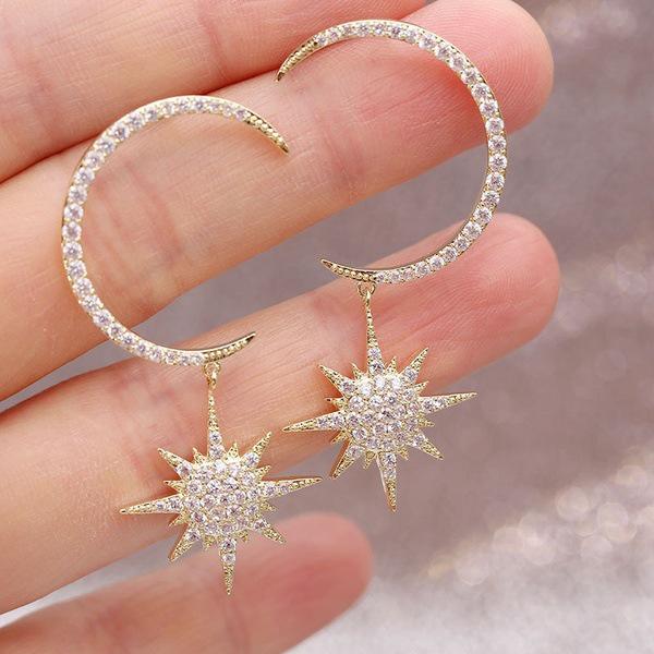 Women's 925 Silver Plated Moon Earrings with Cubic Zirconia and Sparkling Octagonal Star Pendant - Elegant Fashion Jewelry for W