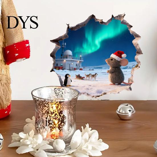Mouse Hole Wall Decal 3D Christmas Sticker, Waterproof PVC Decal, Creative Festive Home Decoration Scene Easy Apply for Holiday Living Room