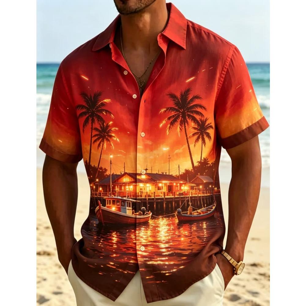Herren Tropisches Neon-Landschafts-Print Kurzarmhemd, Natürlicher Und Ausgeprägter Stil, Für Sommerpartys Und Tägliche Styles