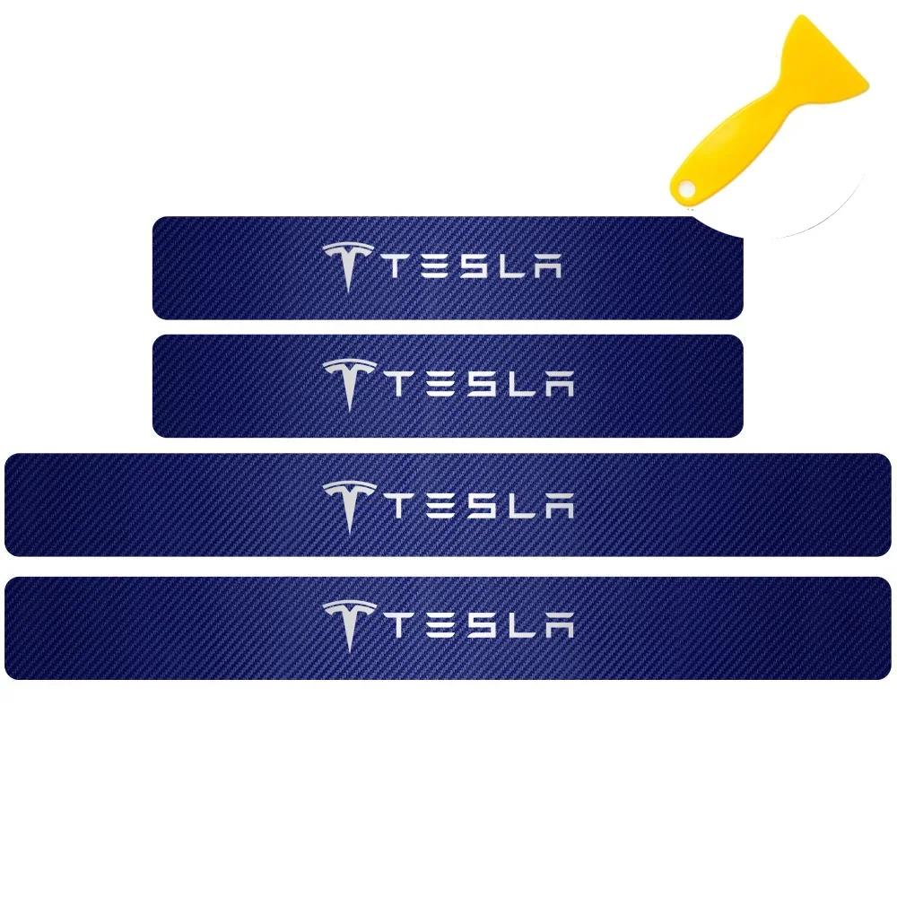 Car Sticker Tesla 4Pcs Car Styling Carbon Fiber Vinyl Door Sills Guard Sticker for Tesla Model 3 Model S X Roadster SpaceX Cyber