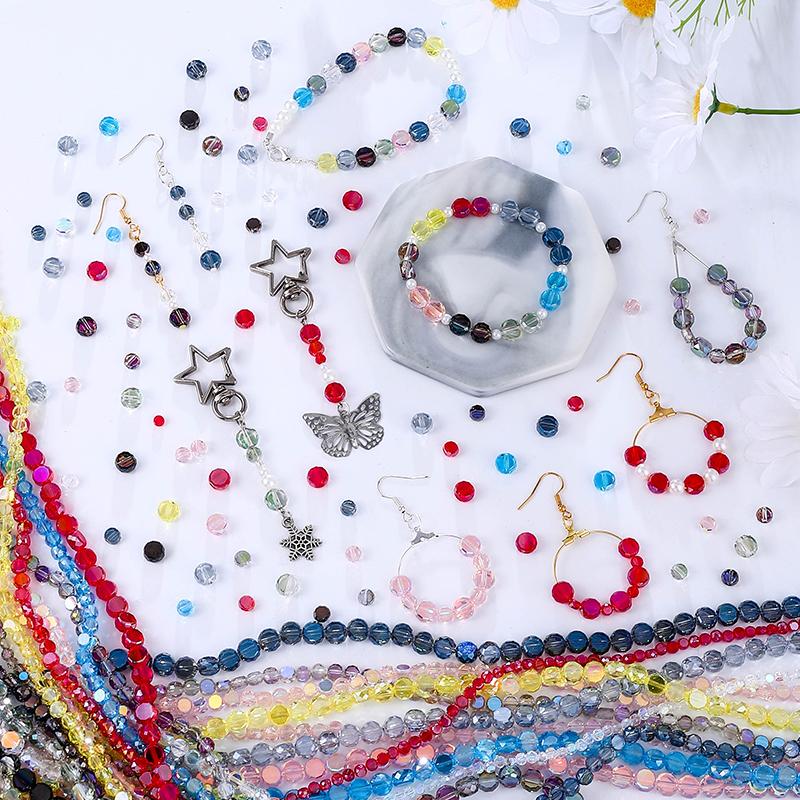 Flat Round Glass Beads Transparent Faceted Glass Spacers Colorful Coin Beads Crystal Loose Beads for Jewelry Making DIY Bracelet