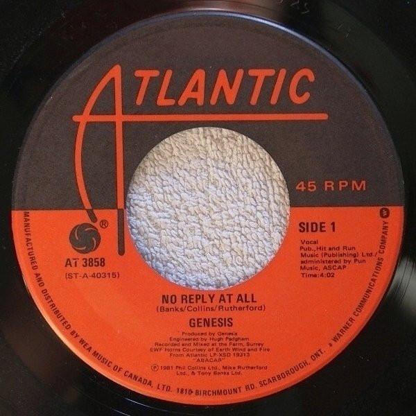 

7inch Record GENESIS - No Reply At All AT3858 Atlantic 1981 Canada Rock Used