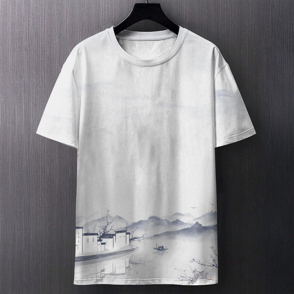 Summer Round Neck 3D Chinese Ink Landscape Print Top Fashionable Casual Short Sleeved Men's T-shirts