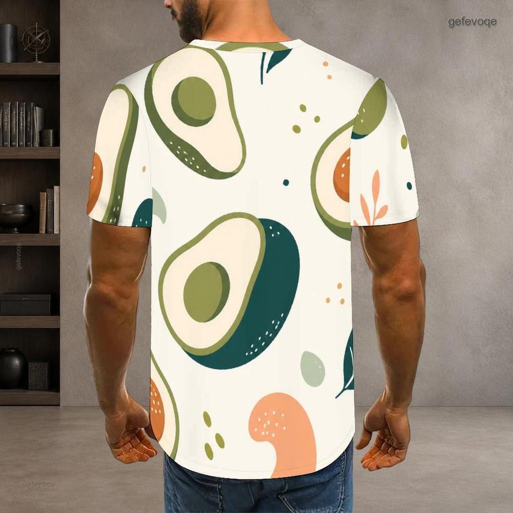 Mens Plus Size Round Neck Short Sleeve T Shirt White Fruit Leaf Printed Casual Tops