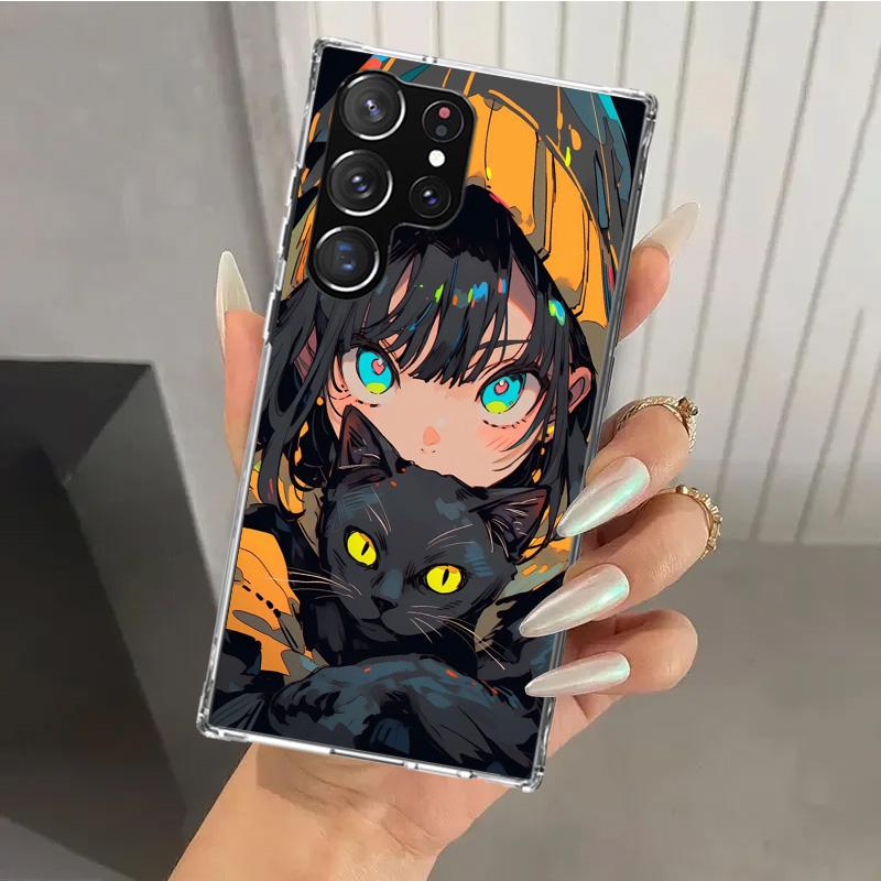 Anime Girls Cute Black Cat Phone Case for Samsung Galaxy S26 S24 S23 Ultra S25 Edge S22 S21 Plus S20 FE + Soft Print Shell Funda