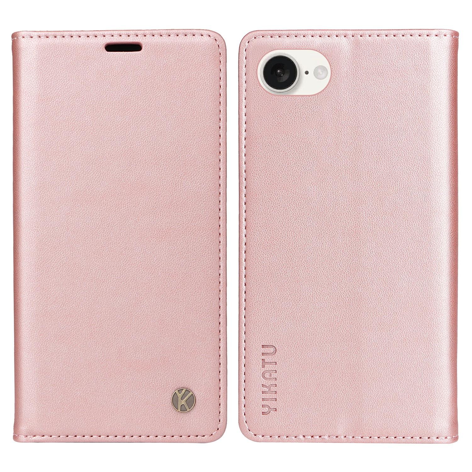 

YIKATU YK-001 For iPhone 16e Case Stand Wallet PU Leather Phone Cover Rose Gold