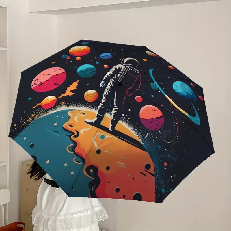 1pc Astronaut Exploring Colorful Planets Umbrella with Plastic Handle,Suitable for All Seasons Home Travel Outdoor UmbrellaDD060