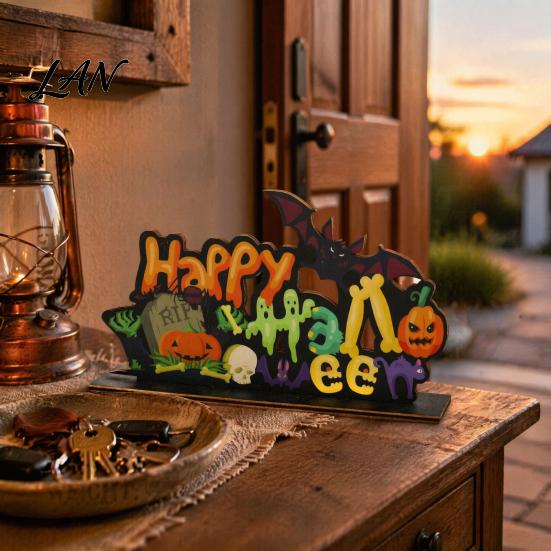 Decorative Halloween Wood Signs Wooden Ornaments for Tabletop Decorations, Stable Base Table Figures Centerpiece Home Party And Spooky Haunted