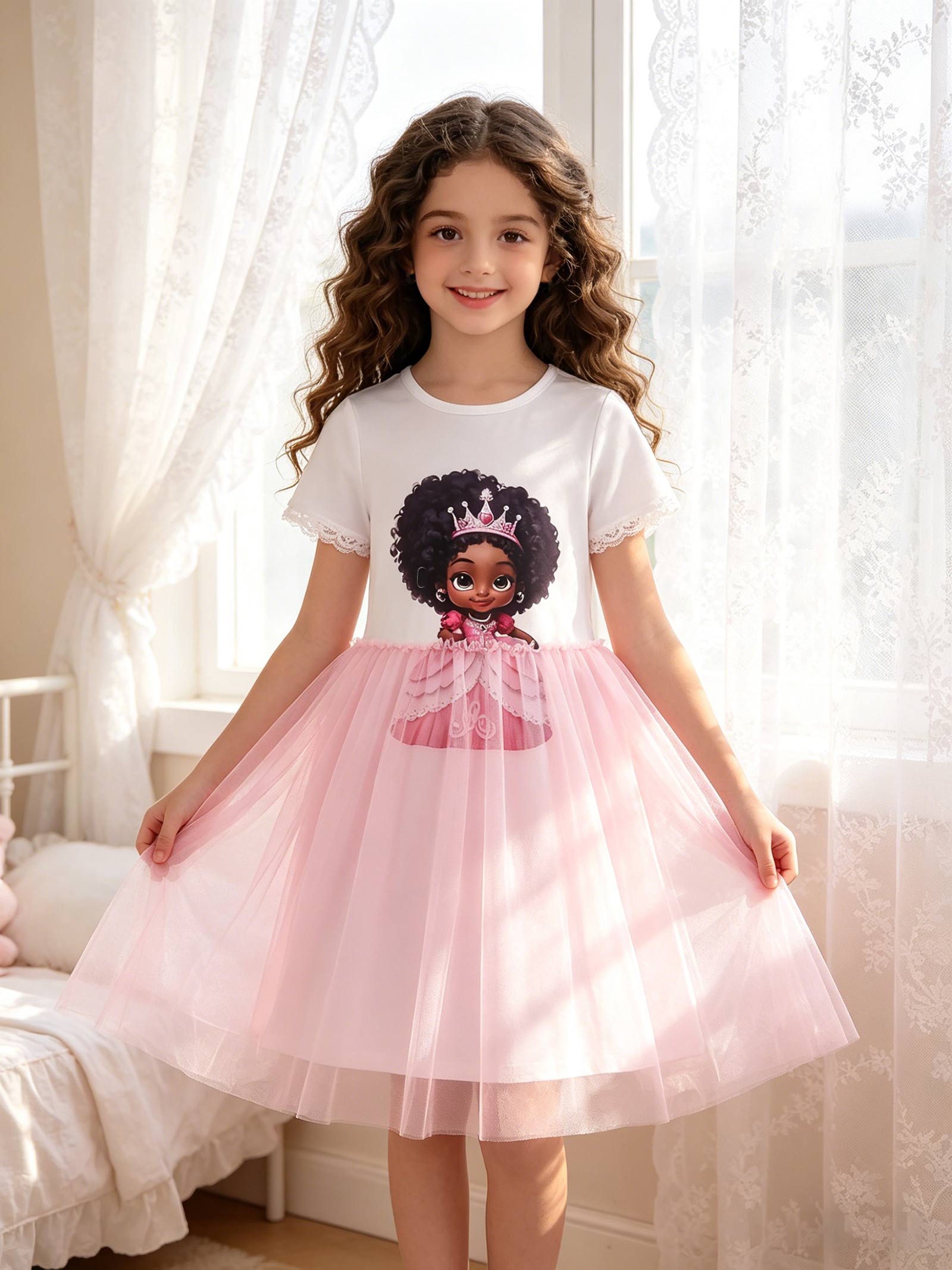 Girls African American Princess Print Tulle Dress, Short Sleeve Lace Trim Casual Summer Dress for Kids 4-12Y 4-5Y разноцветный