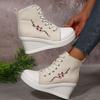 Fashion Floral Embroidered Wedge Ankle Boots for Women Autumn Lace Up High Top Casual Shoes Woman Plus Size Fashion Platform Short Boots