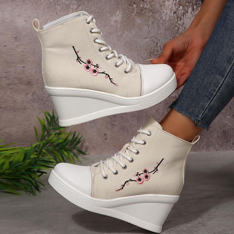 Fashion Floral Embroidered Wedge Ankle Boots for Women Autumn Lace Up High Top Casual Shoes Woman Plus Size Fashion Platform Short Boots