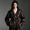 Womens 2026 Oversized Waist-Cinched Faux Leather Jacket Slimming Fit Belted Front Streetwear Chic Office-Ready Coat