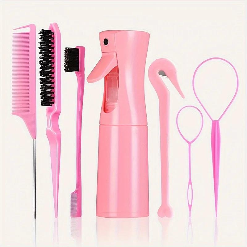 7pcs/set Hair Beauty Accessories Bristle Rat Tail Edge Comb Eyebrow Brush Braiders Ponytail Creator Water Sprayer Styling Set