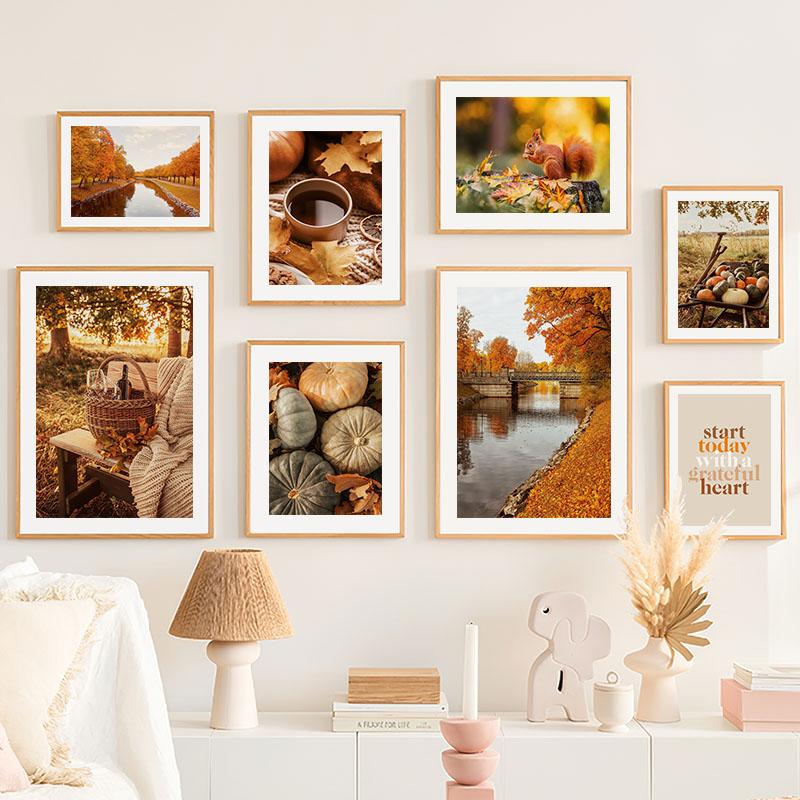 Autumn River Forest Pumpkin Coffee Squirrel Landscape Posters And Prints Wall Art Canvas Painting Pictures For Living Room Decor