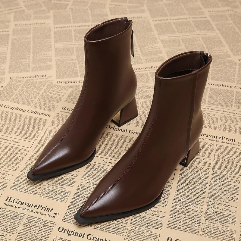 Premium Short Boots Women's Thick Heel Small Fragrant Pointed Martin Boots High Heels Small Ankle Boots Korean Black Thin Boots