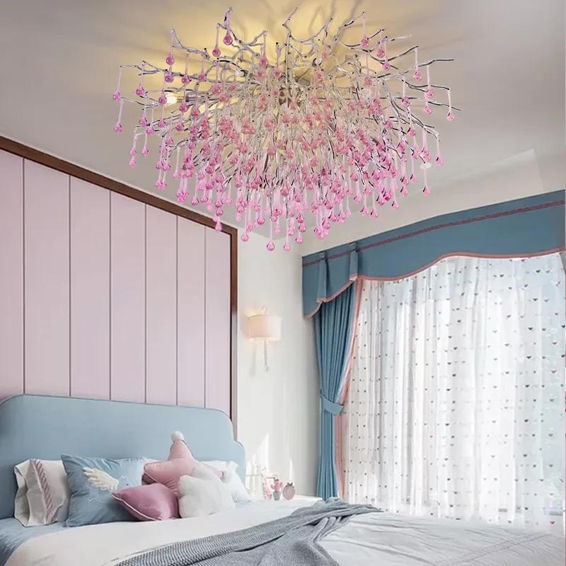 Pink Lustre Crystals Ceiling Chandelier Kids Room Decoration Home