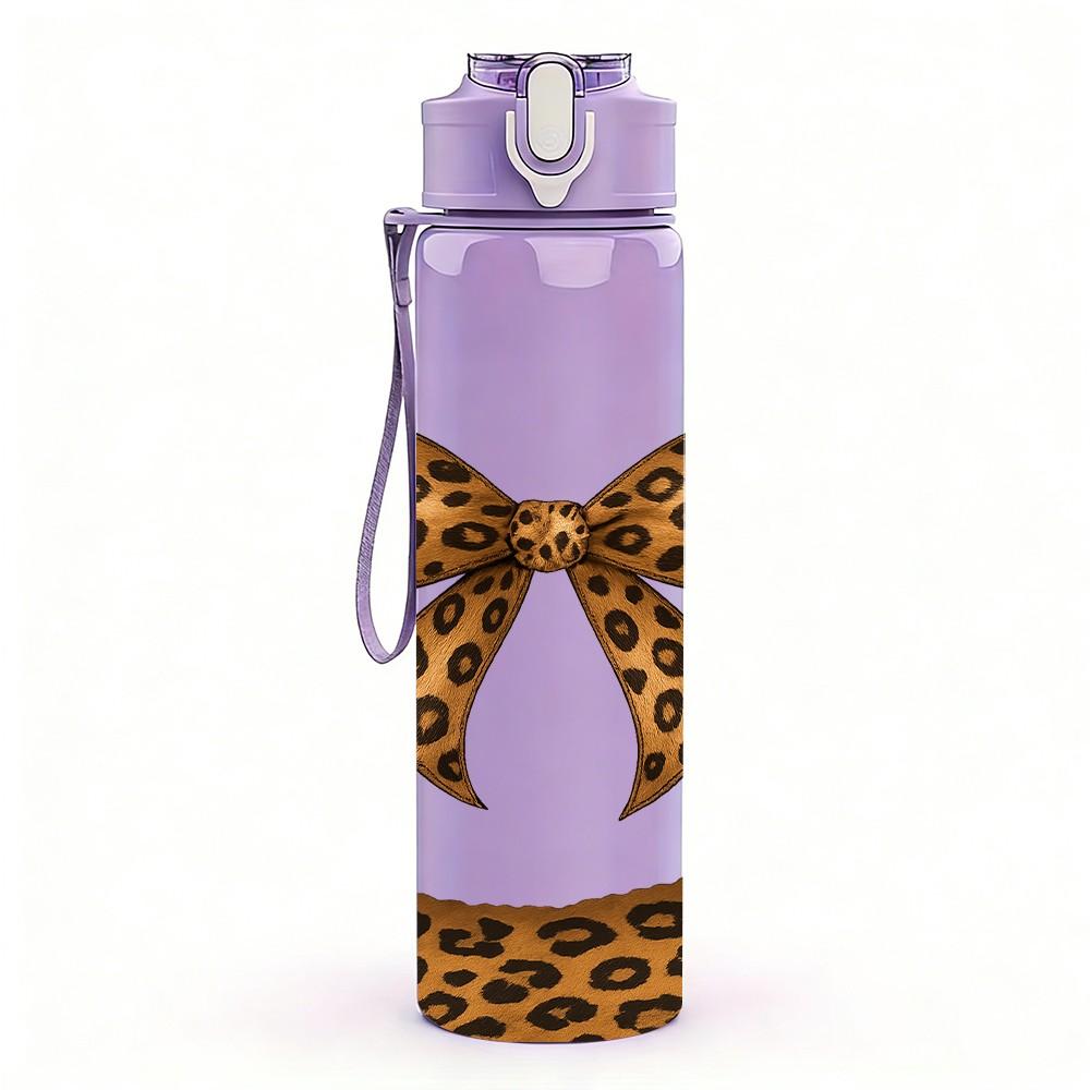 1PC Leopard Print Bow Knot Motif 750ml Color Plastic Sports Water Bottle Leakproof Flip Straw Lid For Sports Office Home Use