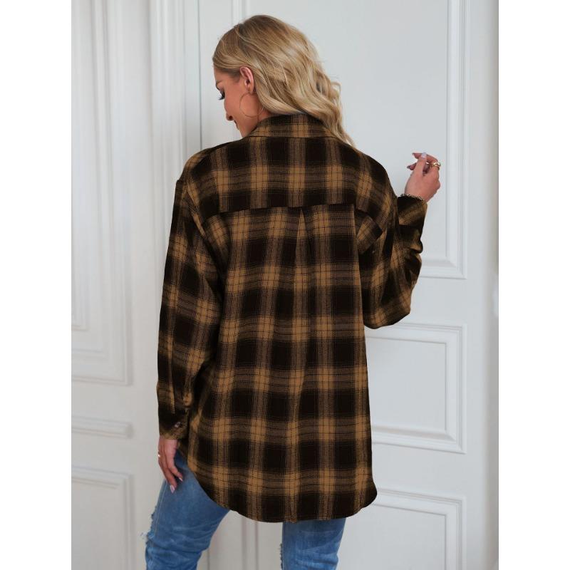 YYFS Women's Fashion Casual Spring Fall Plaid Print Long Sleeve POLO Neck Blouses & Shirts