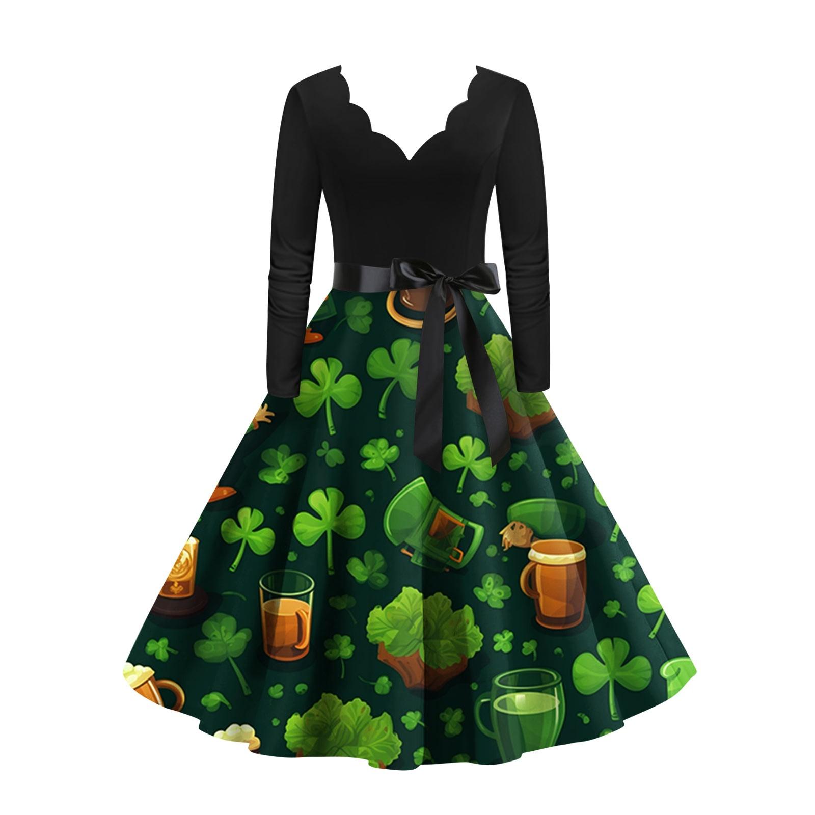 

Женское винтажное классическое платье с длинным рукавом St. Свободное платье с V-образным вырезом и принтом ко Дню Святого Патрика L