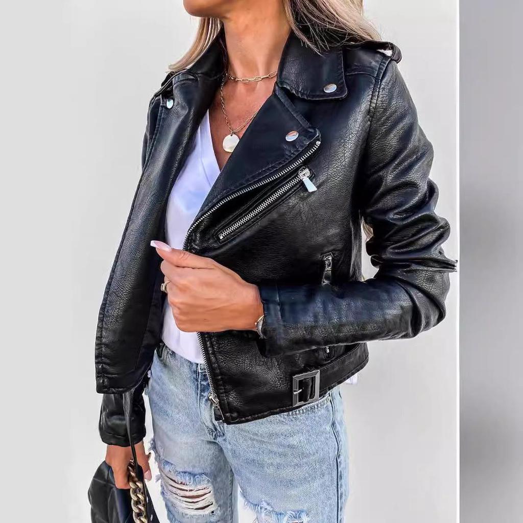 2025 Spring/Summer Women's PU Leather Motorcycle Jacket – Short Zipper Style