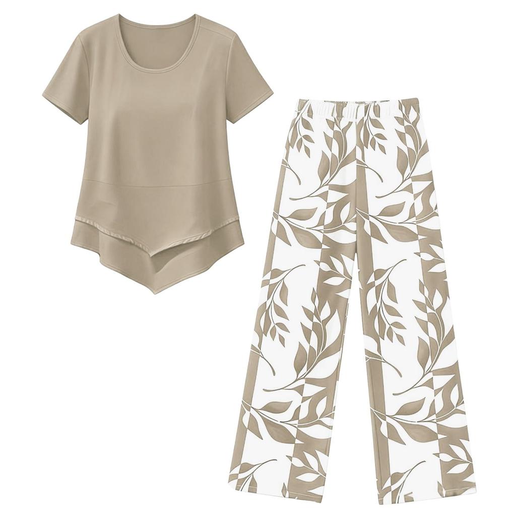 Women’s Summer Two Piece Set Floral Print Loose Fit Short Sleeve Top and Wide Leg Cropped Pants Outfit for Casual Wear
