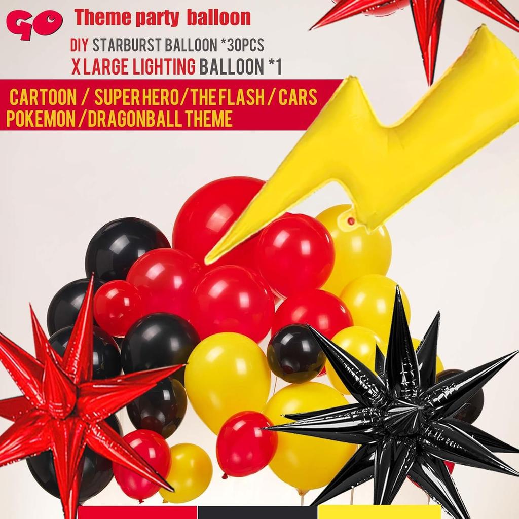 Red black yellow balloon garland kit 124pcs with large lightining Starburst mylar balloons for Carnival Cartoon theme Race Car Party Theme birthday